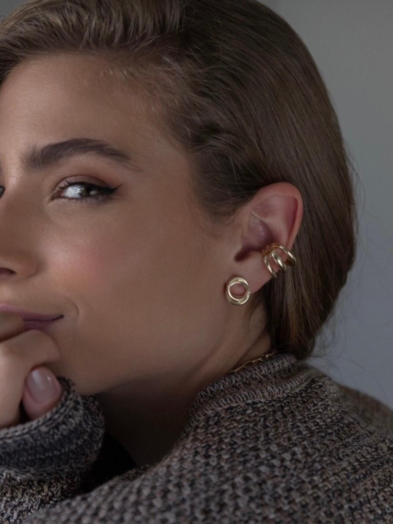 Dainty Triple Row Minimalist Band Silver Gold Wrap Ear Cuff Earrings for Any Occasion