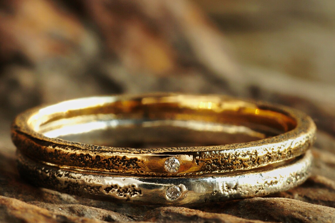 Diamond Stackable Ring Set Reclaimed Solid 14K Gold and | Etsy