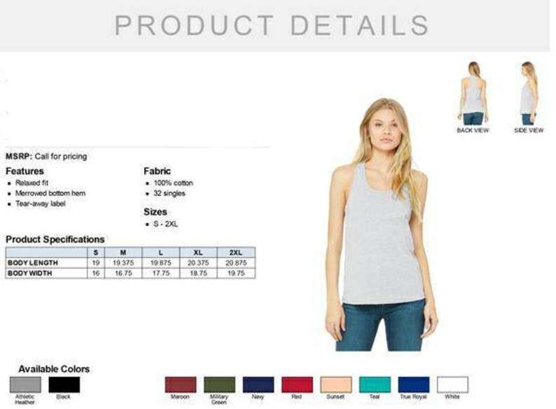 May include: A gray racerback tank top with a relaxed fit and a merrowed bottom hem. The tank top is made of 100% cotton and is available in sizes S-2XL. The tank top is shown on a model wearing it with blue jeans. The image also shows the back and side views of the tank top.