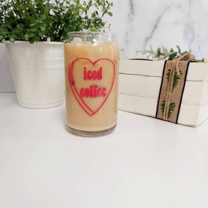 Valentine&#39;s Day Iced Coffee Glass, Hearts Can Glass, Iced Coffee Glass, Valentine Iced Coffee, Conversation Hearts Cup, Valentine Hearts Cup