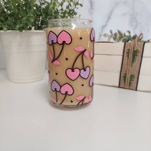 Cherry Iced Coffee Glass, Cherries Beer Can Glass, Iced Coffee Glass, Valentine Iced Coffee, Valentine Drinkware, Cherry Hearts Cup, Can Cup
