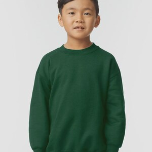 May include: A dark green crewneck sweatshirt. The sweatshirt is made of a soft material and has long sleeves. The neckline, cuffs, and hem are ribbed. The sweatshirt is shown on a young person.