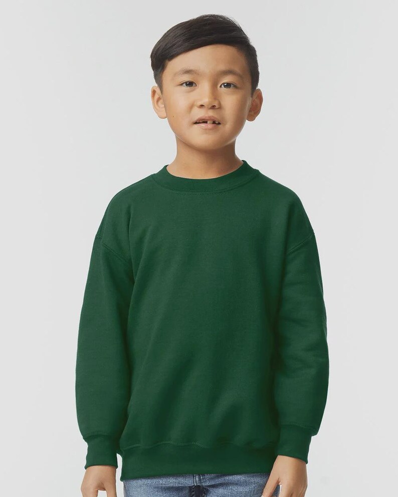 May include: A dark green crewneck sweatshirt. The sweatshirt is made of a soft material and has long sleeves. The neckline, cuffs, and hem are ribbed. The sweatshirt is shown on a young person.
