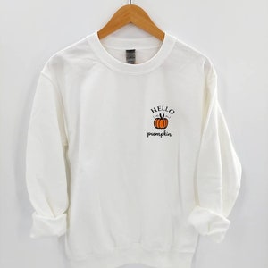 May include: White sweatshirt with a small orange pumpkin graphic and the text "HELLO pumpkin" on the front.