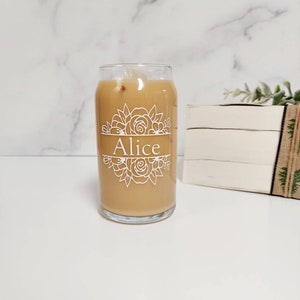 Floral Iced Coffee Glass,  Beer Can Glass, Iced Coffee Glass, Personalized Iced Coffee Cup,  Drinkware, Cute Coffee Cup, Flower Coffee Cup