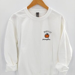 May include: White sweatshirt with a pumpkin graphic and the text "Hello pumpkin" in black.