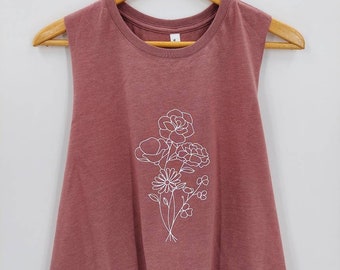 Camiseta minimalista - Camiseta sin mangas con dibujo lineal - Camiseta sin mangas estética - Camiseta de flores silvestres - Camiseta corta sin mangas con flores - Camiseta sin mangas de verano - Camiseta sin mangas de yoga - Camiseta sin mangas de flores silvestres