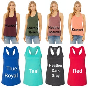May include: A set of ten racerback tank tops in various colors, including maroon, military green, heather mauve, sunset, true royal, teal, heather dark gray, and red. The tank tops are made of a soft, comfortable fabric and are perfect for layering or wearing on their own.
