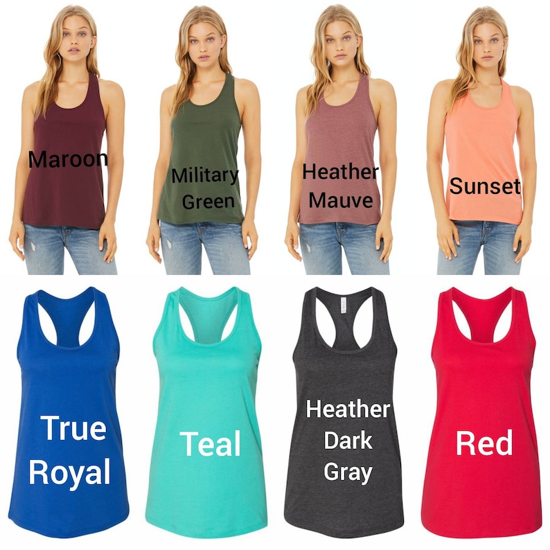 May include: A set of ten racerback tank tops in various colors, including maroon, military green, heather mauve, sunset, true royal, teal, heather dark gray, and red. The tank tops are made of a soft, comfortable fabric and are perfect for layering or wearing on their own.