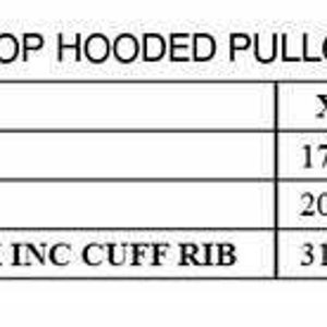May include: A table of measurements for a lightweight crop hooded pullover. The table includes sizes XS to 2XL, with measurements for body length from HPS, chest width 1" below armhole, and sleeve length from center back including cuff rib.