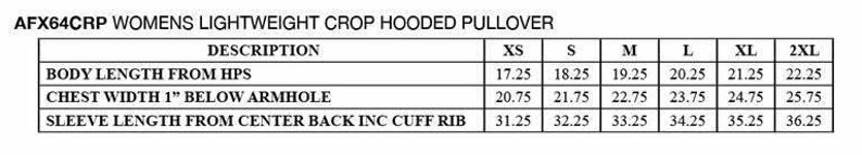 May include: A table of measurements for a lightweight crop hooded pullover. The table includes sizes XS to 2XL, with measurements for body length from HPS, chest width 1" below armhole, and sleeve length from center back including cuff rib.