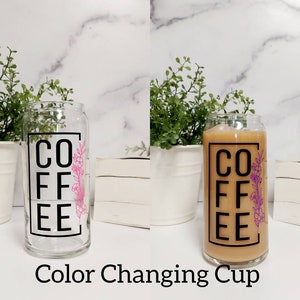 Floral Iced Coffee Cup, Iced Coffee Glass, Coffee Lover Can Glass, Color Changing Cup,  Coffee Square Iced Coffee, Flower Coffee Cup