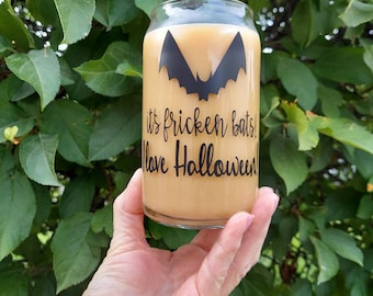 Halloween Iced Coffee Glass, Beer Can Glass, Iced Coffee Glass, Halloween Cup, Halloween Coffee Cup, It's Fricken Bats, Spooky Season Cup