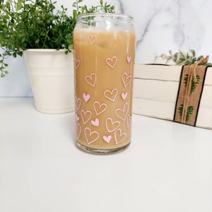 Valentine&#39;s Day Iced Coffee Glass, Hearts Can Glass, Iced Coffee Glass, Valentine Iced Coffee, Conversation Hearts Cup, Valentine Hearts Cup