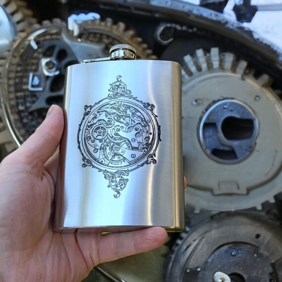 8oz Steampunk Clockworks Stainless Steel Flask 8oz Steampunk Clockworks Stainless Steel Flask