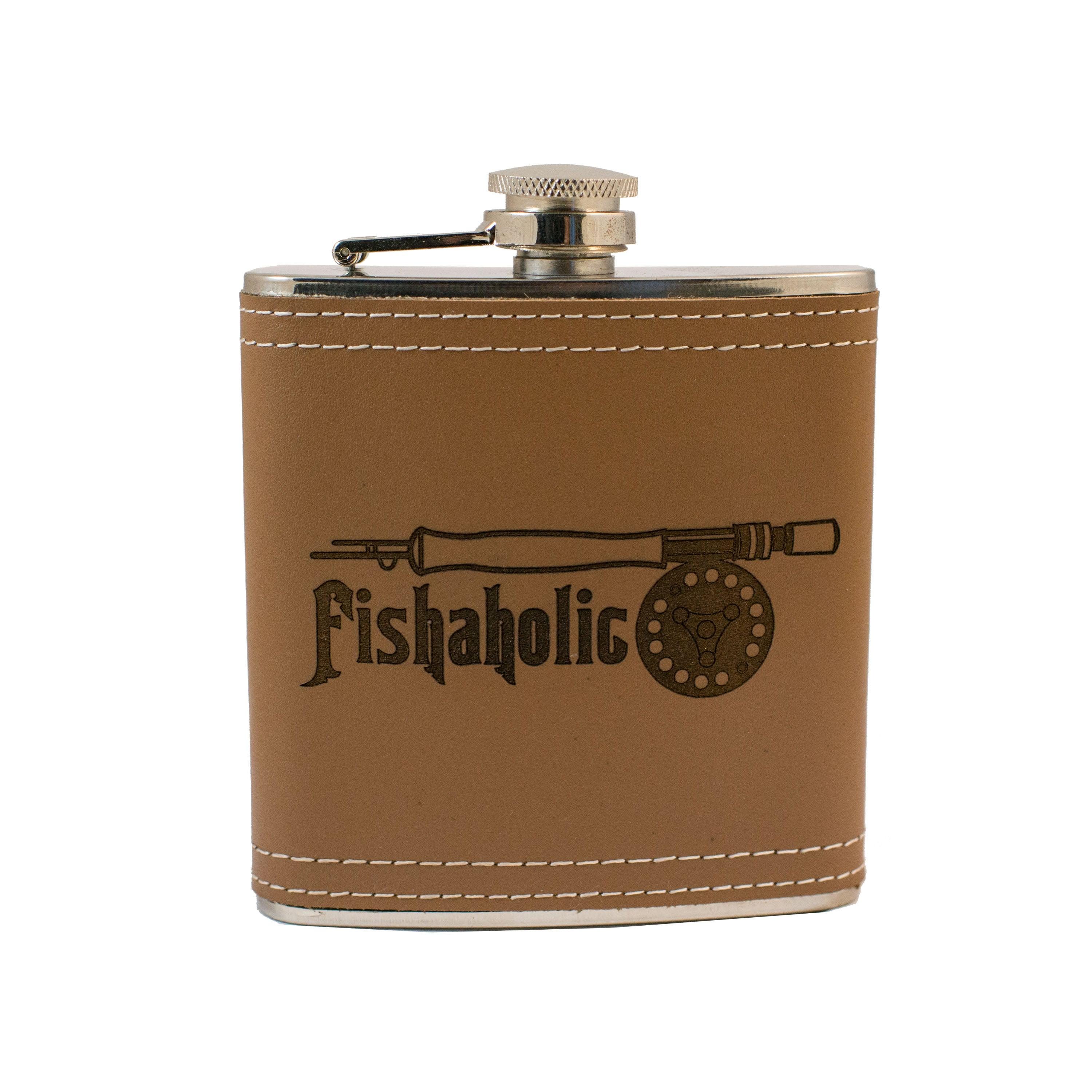 6oz Fishaholic Fly Fishing Leather Flask 6oz Fishaholic Fly Fishing Leather Flask