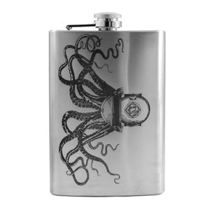 May include: A silver stainless steel flask with a black and white graphic of an octopus and a diving helmet.
