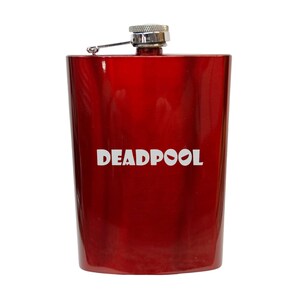May include: Red metal flask with a silver cap and the word "DEADPOOL" printed in white on the front.