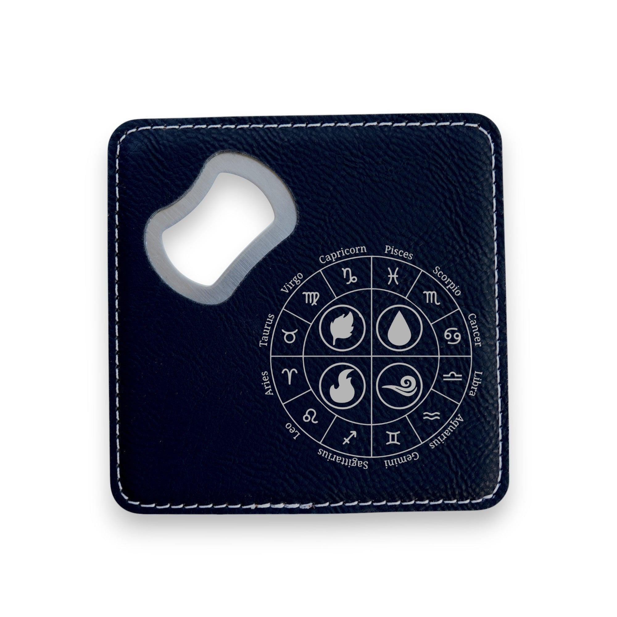 Coaster W/ BOTTLE OPENER - Zodiac Elements - SET of 2 leather