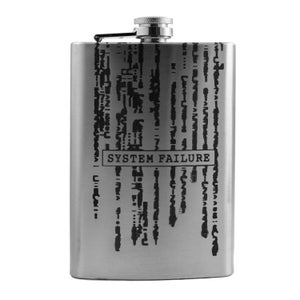May include: A silver flask with a black and white design of a digital code and the text "SYSTEM FAILURE".