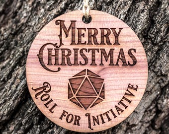Merry Christmas - Roll for Initiative - Raw Cedar Ornament 3x3in