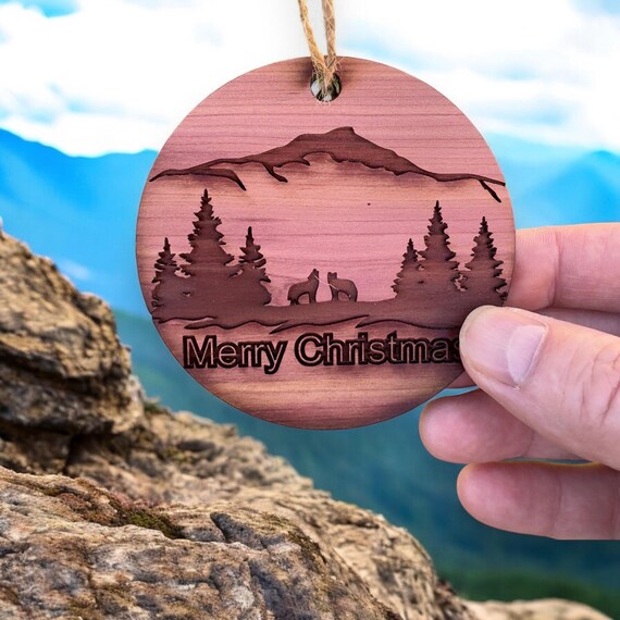 Merry Christmas Howling Wolves - Raw Cedar Ornament 3x3in Merry Christmas Howling Wolves - Raw Cedar Ornament 3x3in