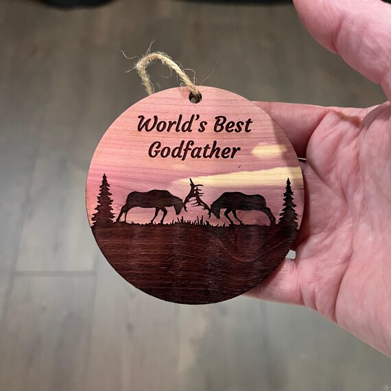 Worlds Best Dad Elk Battle - Cedar Ornament Worlds Best Dad Elk Battle - Cedar Ornament