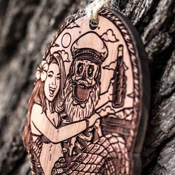 Mermaid and Pirate - Raw Cedar Ornament 3x3in Mermaid and Pirate - Raw Cedar Ornament 3x3in