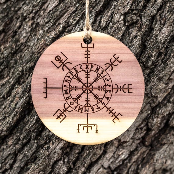 Viking Vegvisir Aegishjalmur - Raw Cedar Ornament 3x3in Viking Vegvisir Aegishjalmur - Raw Cedar Ornament 3x3in