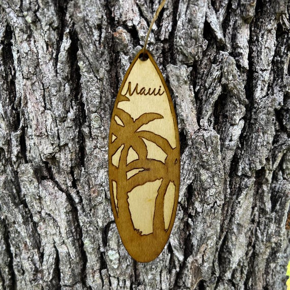 Ornament - Hawaii Palm Tree Surfboard - Raw Wood Maple Ornament - Hawaii Palm Tree Surfboard - Raw Wood Maple