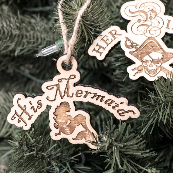 Mermaid and Pirate - Raw Cedar Ornament 3x3in Mermaid and Pirate - Raw Cedar Ornament 3x3in