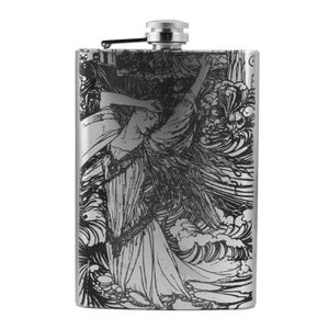 May include: A silver flask featuring a black and white illustration of a woman in a flowing gown standing in a swirling sea. The illustration is reminiscent of an art nouveau style.