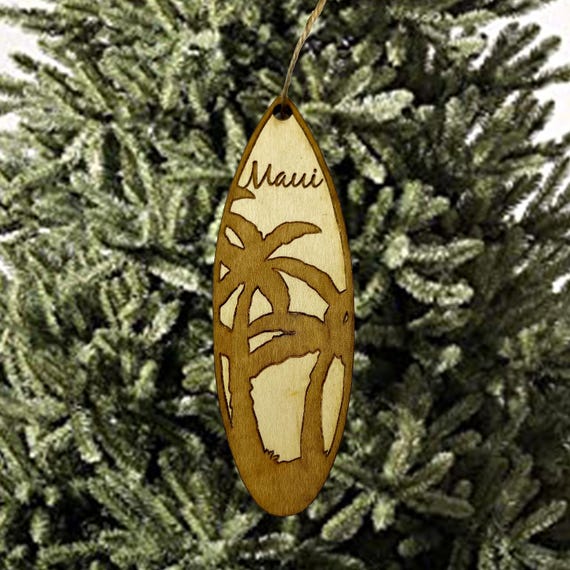 Ornament - Hawaii Palm Tree Surfboard - Raw Wood Maple Ornament - Hawaii Palm Tree Surfboard - Raw Wood Maple