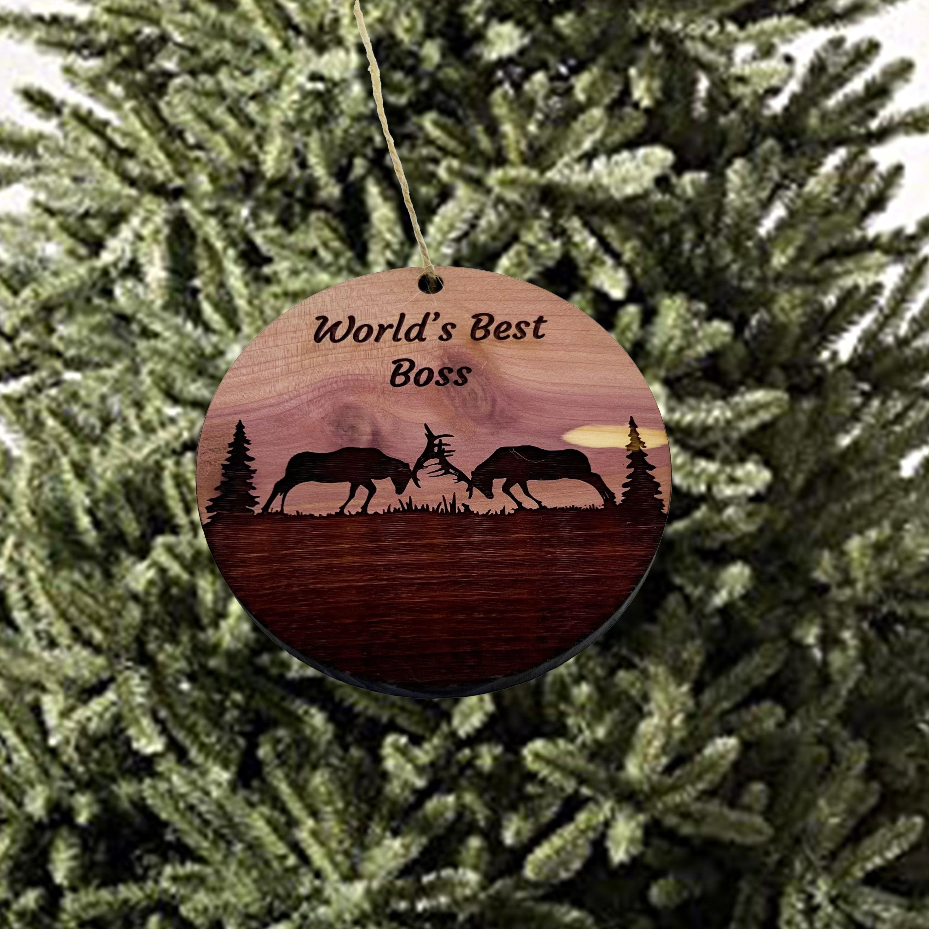 Worlds Best Boss Elk Battle - Cedar Ornament Worlds Best Boss Elk Battle - Cedar Ornament
