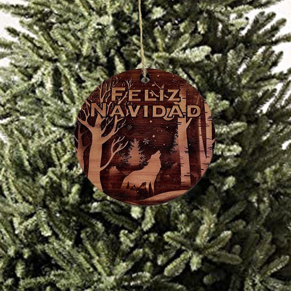 Feliz Navidad Winter Wolf - cedar ornament Feliz Navidad Winter Wolf - cedar ornament