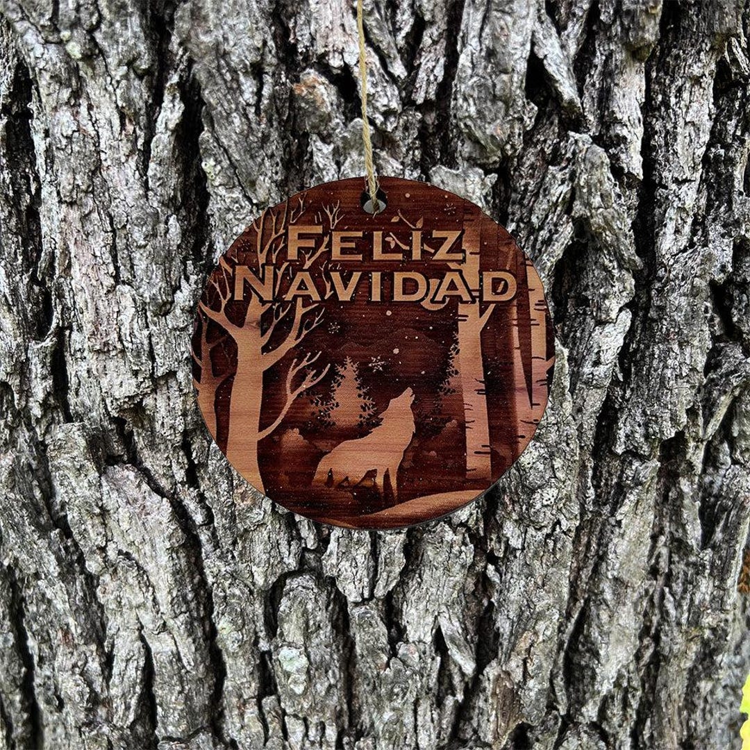 Feliz Navidad Winter Wolf - cedar ornament Feliz Navidad Winter Wolf - cedar ornament