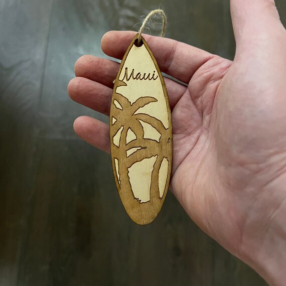 Ornament - Hawaii Palm Tree Surfboard - Raw Wood Maple Ornament - Hawaii Palm Tree Surfboard - Raw Wood Maple