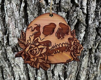 Skulls and Roses - Cedar Ornament