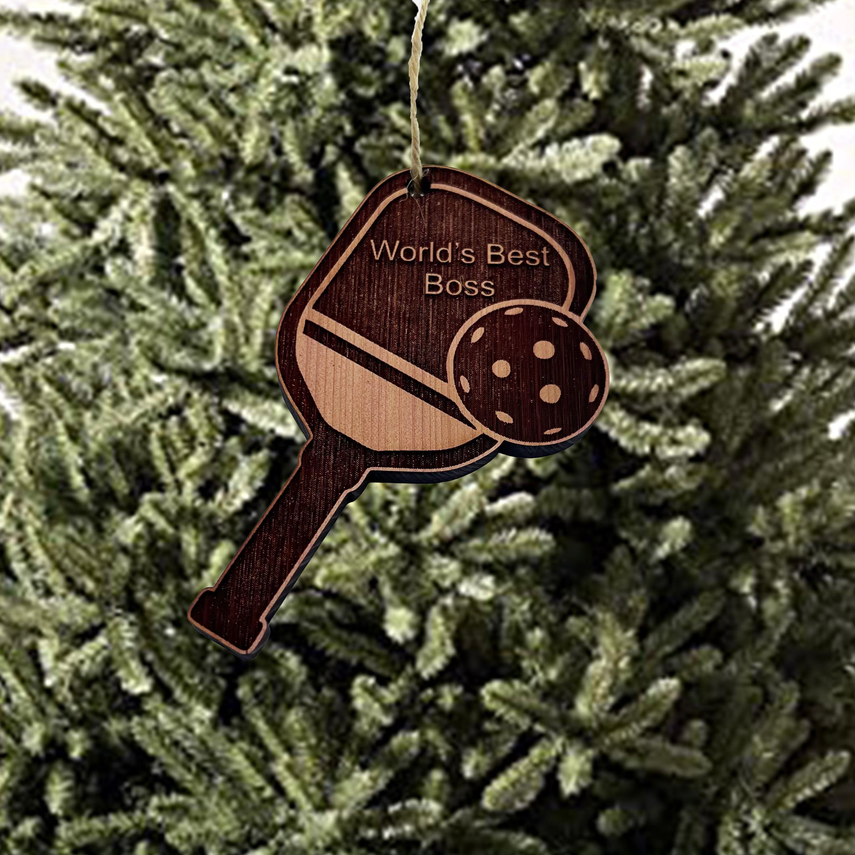 Worlds Best Boss Pickleball - Cedar Ornament Worlds Best Boss Pickleball - Cedar Ornament
