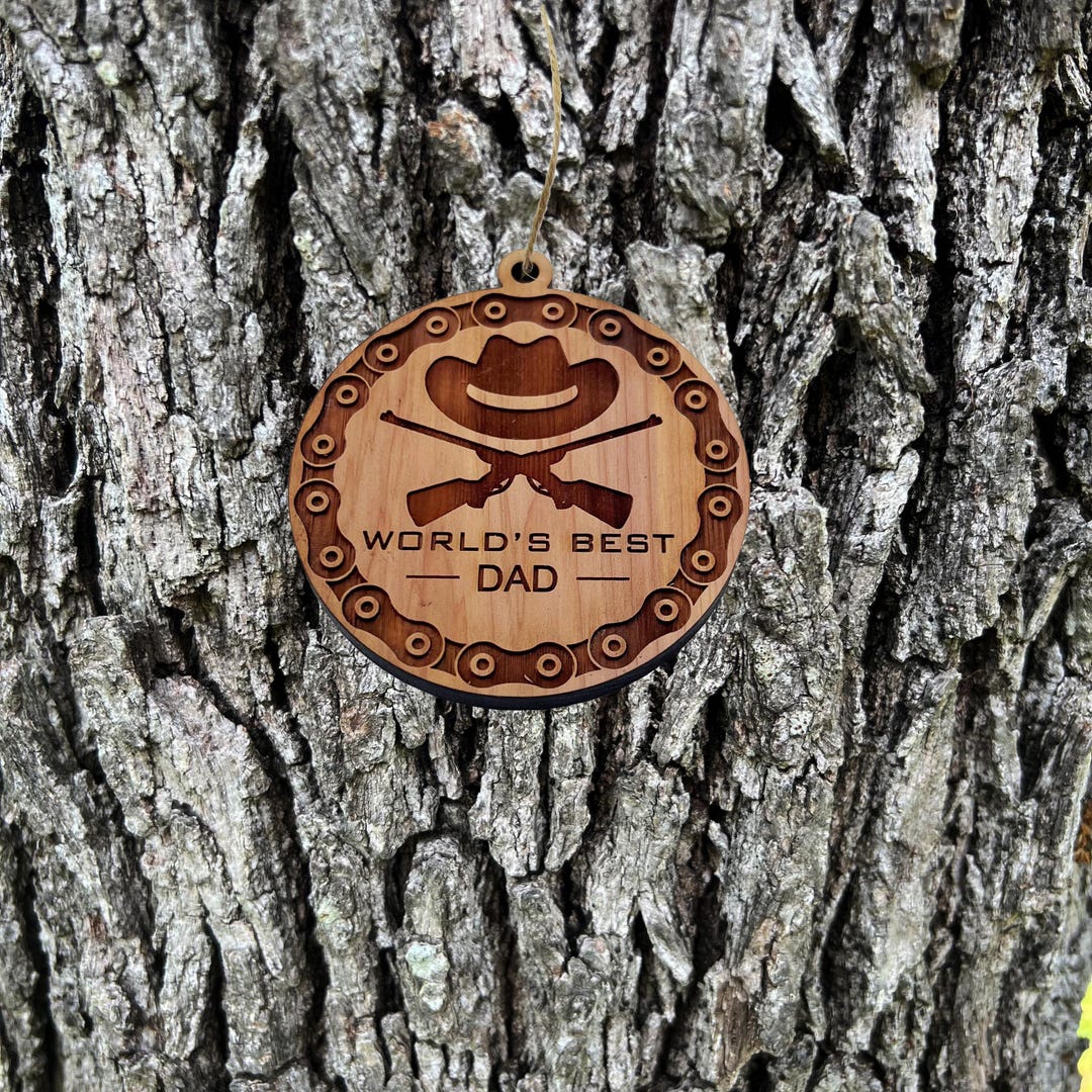 Worlds Best Dad Rifles and chains - Cedar Ornament Worlds Best Dad Rifles and chains - Cedar Ornament