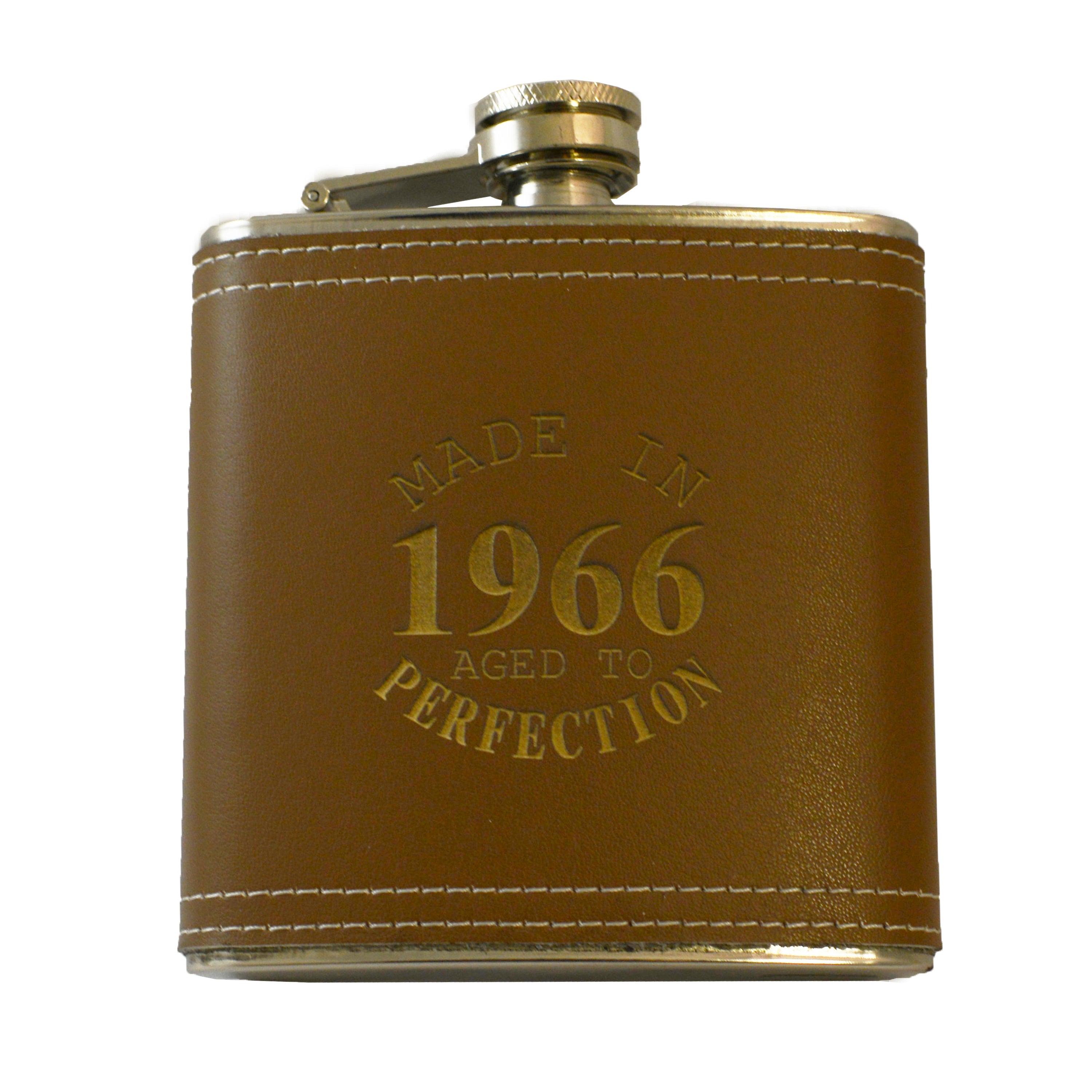 6oz Made in 1966 Aged to Perfection Leather Flask 6oz Made in 1966 Aged to Perfection Leather Flask