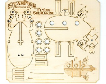 Steampunk Ornament Kit - Flying Submarine - Raw Wood (Assembly Required)