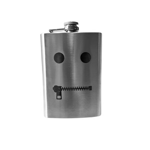 May include: A stainless steel flask with a zipper mouth and two black eyes printed on the front.