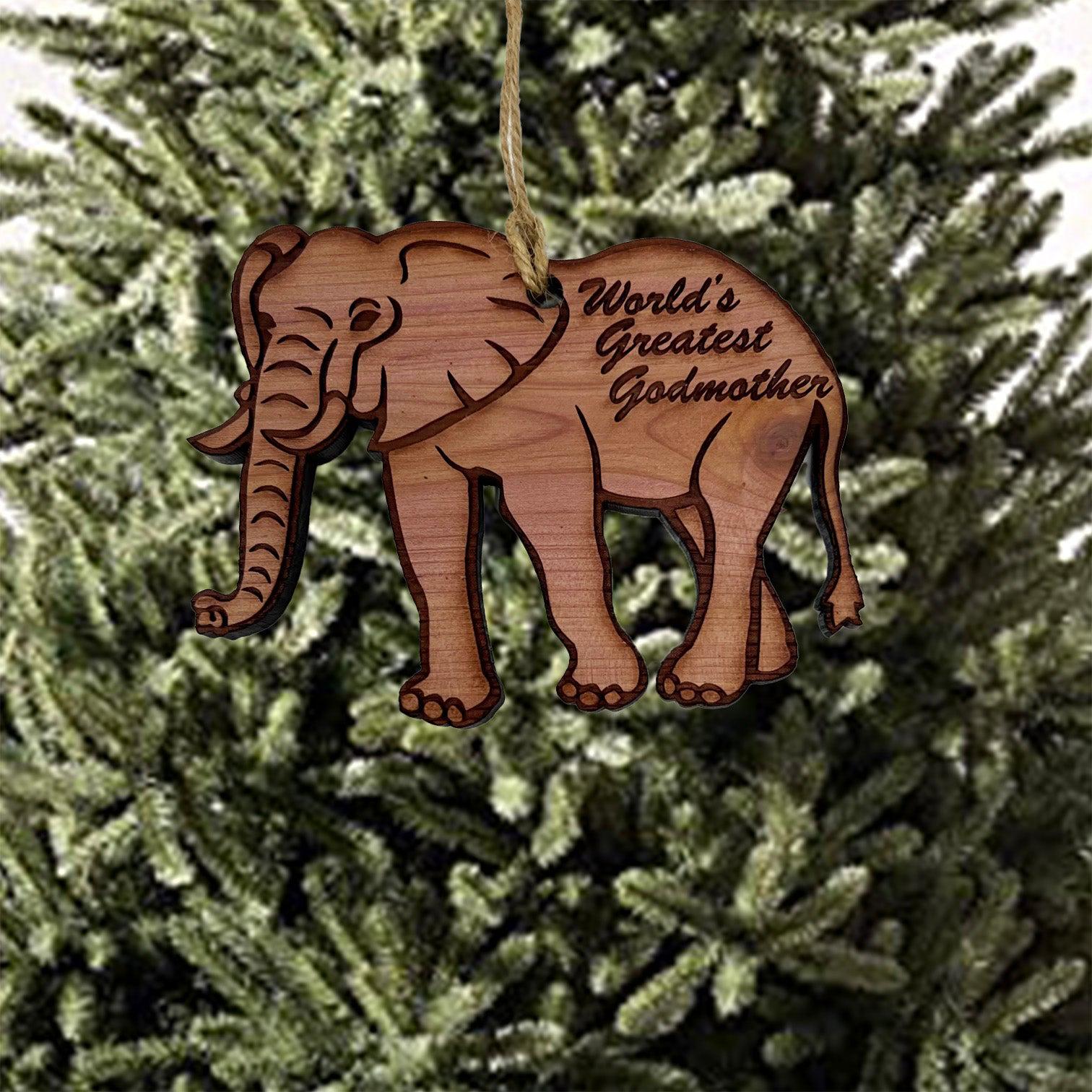 Elephant Worlds Greatest Godmother - Cedar Ornament Elephant Worlds Greatest Godmother - Cedar Ornament