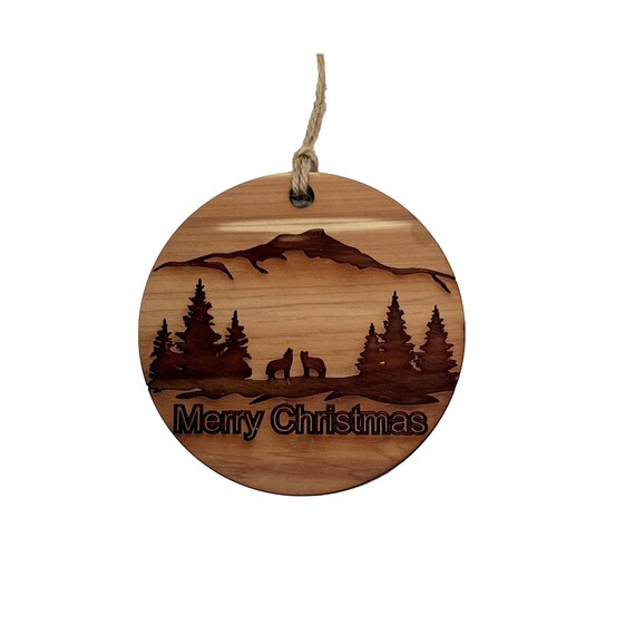 Merry Christmas Howling Wolves - Raw Cedar Ornament 3x3in Merry Christmas Howling Wolves - Raw Cedar Ornament 3x3in