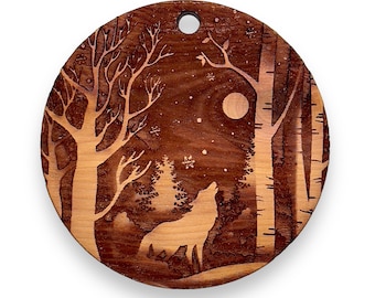 Winter Wolf - Raw Cedar Ornament 3x3in