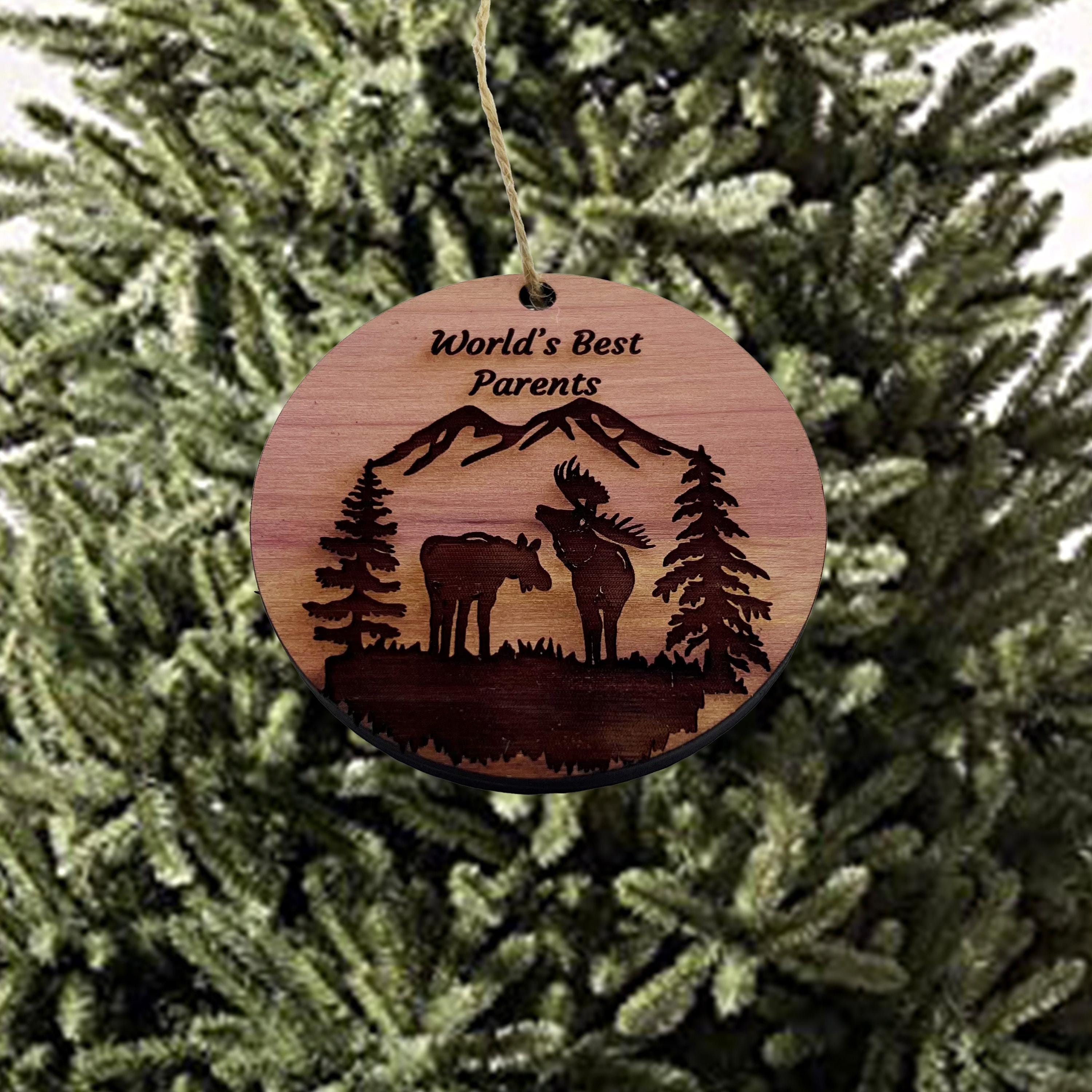 Worlds Best Parents Moose Couple - Cedar Ornament Worlds Best Parents Moose Couple - Cedar Ornament