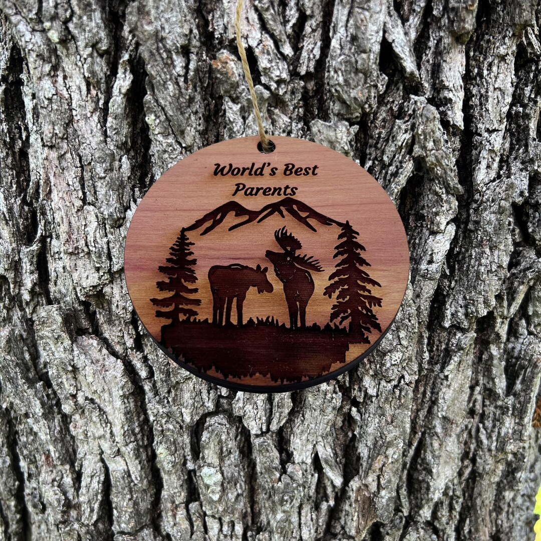 Worlds Best Parents Moose Couple - Cedar Ornament Worlds Best Parents Moose Couple - Cedar Ornament