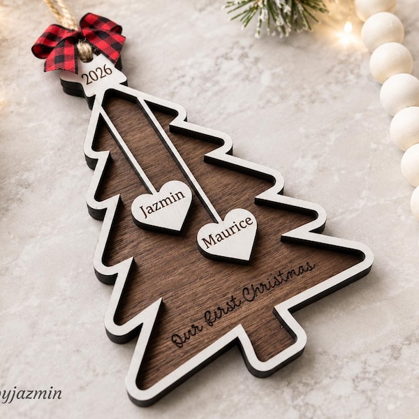 Our First Christmas Ornament 2026, Personalized Couples Tree Ornament, Holiday Wooden Ornament, With Names