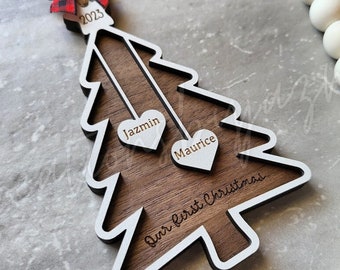 Our First Christmas Ornament 2025, Personalized Couples Tree Ornament, Holiday Wooden Ornament, With Names